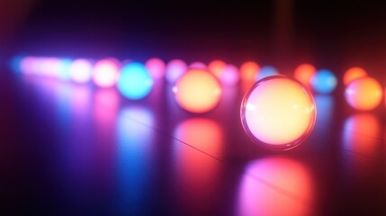 Poster - A Row of Illuminated Glass Spheres on a Dark Surface