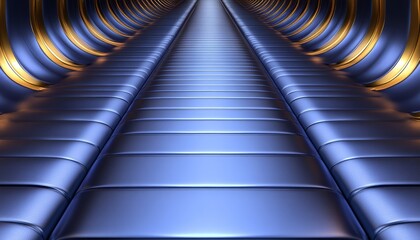 Blue and Gold Abstract Curved Tunnel with Striped Pathway