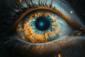 A close-up of a human eye with a galaxy inside the iris.