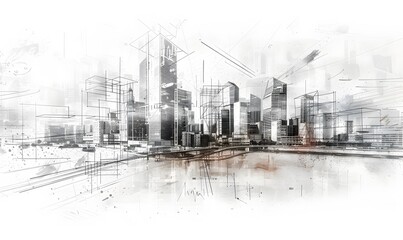 panoramic modern city skyline mix sketch effect.