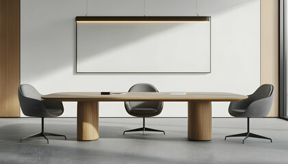 Wall Mural - Modern office interior design with a wooden table and grey chairs.