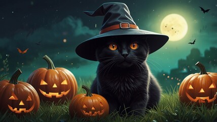 black cat in a witch hat sitting in the grass with pumpkins.