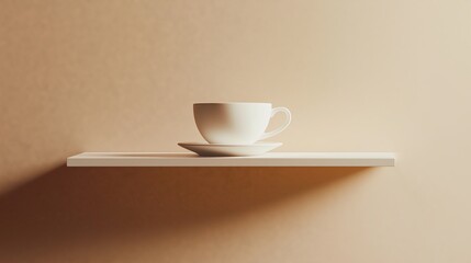 Poster - White Cup and Saucer on a Shelf with Warm Light.

