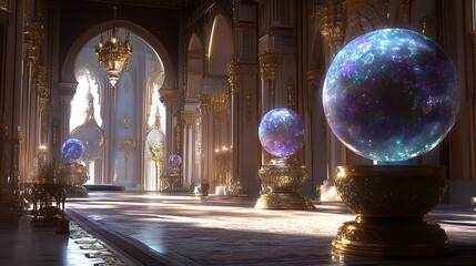 Ethereal Royal Palace Interior with Shimmering Gemstones and Celestial Globes