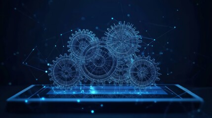 Poster - gears on digital tablet. business concept. with dark blue background. low poly wireframe with lines,