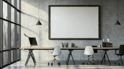 Poster - Modern Minimalist Office Workspace with Large Blank Canvas