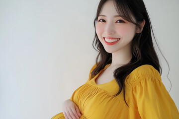 Smiling Pregnant Woman in Ultrasound Room During Prenatal Checkup