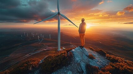 Poster - An engineer stands on top of a windmill and looks at a beautiful sunset landscape. taken from an elevated position. Generative AI.