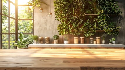 Poster - Minimalist cafe with touches of nature, including live plants and natural materials with copy space. warm, soft light. wooden countertops and stone accents background. Generative AI.