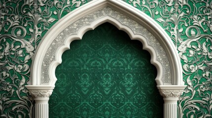Poster - Ornate White Archway Against Green Floral Patterned Wall
