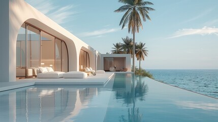 Aufkleber - Palm trees and minimalist architecture by the pool, White lounge chair sofa. Generative AI.