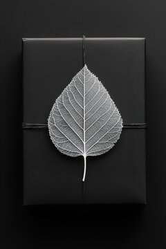 Minimalist, black gift box with a single, white leaf silhouette. 