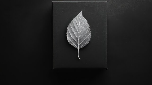 Minimalist, black gift box with a single, white leaf silhouette. 