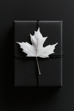 Minimalist, black gift box with a single, white leaf silhouette. 