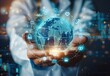 © visoot - A digital futuristic and technological approach to global healthcare. doctor holding a holographic globe. Surrounding the globe are various icons and symbols related to health and medicine.