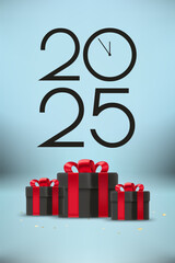 Wall Mural - Happy new 2025 year greeting card. Composition with digits and gift boxes. 3d vector