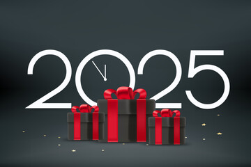 Aufkleber - Happy new 2025 year greeting card. Composition with digits, clock pines and gift boxes. 3d vector
