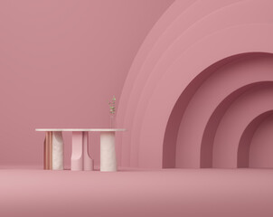 Wall Mural - Minimal scene with table and abstract background. Pastel pink and white colors scene. Trendy 3d render for social media banners, promotion, cosmetic product show. Geometric shapes interior.	
