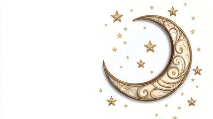 A graceful Art Nouveau crescent moon with stars and swirling lines, Art Nouveau, crescent moon, decorative