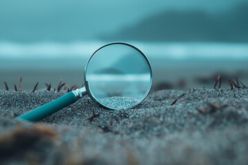 Magnifying Glass on Sand Beach with Ocean View