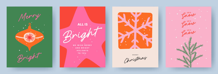 Wall Mural - merry christmas greeting card set. modern art xmas design with typography and beautiful snowflakes, 