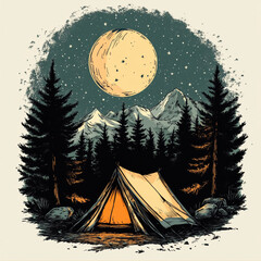 Wall Mural - camping with tent graphic draw