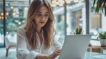 Poster - Professional female employee using laptop in modern minimalist office. Generative AI.