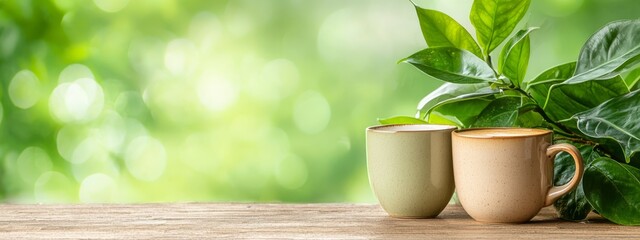 Sticker -  Two coffee mugs placed side by side on a table A potted plant sits in front of them