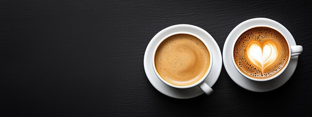 Sticker -  Two cups of cappuccino on a black surface, each topped with a heart design