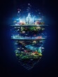 © wpw - A futuristic depiction of a food chain starting with plankton, illustrating the growth of biomass through various layers of aquatic life.