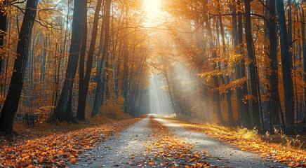 Aufkleber - Autumn forest road at warm sunny fall morning. Generative AI.