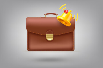Aufkleber - Brown leather suitcase and notification bell. 3d vector illustration