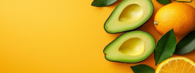  An orange and an avocado, each cut in half, sit against a yellow background Leaves surround them, and a separate slice of orange is placed next to the avocado