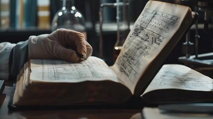 Close-up of a man's hands turning the pages of a book filled with scientific equations and diagrams in a modern laboratory setting.