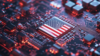 Poster - A close-up of an American flag embedded in a circuit board, symbolizing technology, innovation, patriotism, national identity, and digital advancement.