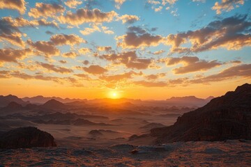 Wall Mural - Epic sunset landscape sky with big bright sun going behind the mountains in Egypt , ai