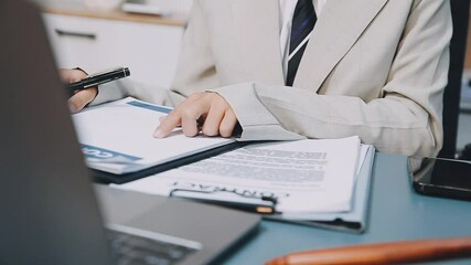 Wall Mural - Business and lawyers discussing contract papers with brass scale on desk in office. Law, legal services, advice, justice and law concept picture with film grain effect