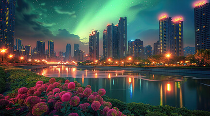 Aufkleber - The colorful aurora over the modern buildings of the city skyline could be seen at night. Figured with bright lights in a park, The sky above them shined brightly with green light. Generative AI.