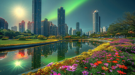 Aufkleber - The colorful aurora over the modern buildings of the city skyline could be seen at night. Figured with bright lights in a park, The sky above them shined brightly with green light. Generative AI.
