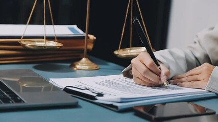 Wall Mural - Business and lawyers discussing contract papers with brass scale on desk in office. Law, legal services, advice, justice and law concept picture with film grain effect