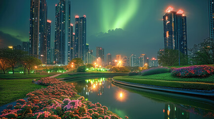 Aufkleber - The colorful aurora over the modern buildings of the city skyline could be seen at night. Figured with bright lights in a park, The sky above them shined brightly with green light. Generative AI.