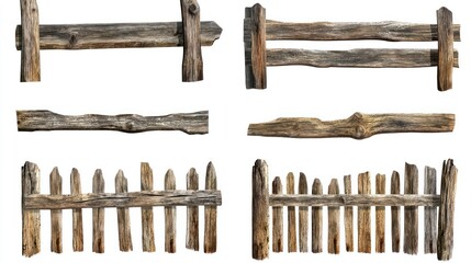 Poster - Set of Rustic Wooden Fence Panels Isolated on White Background
