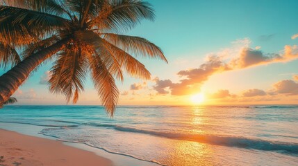 Beautiful sunset tropical beach with palm tree and blue sky for travel and vacation in holiday relax time