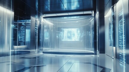 Poster - Futuristic Hallway with Glass Walls and Digital Displays