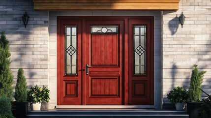 A front view red wooden entrance door of a private house, mansion. Entrance door ideas