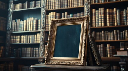 Poster - Ornate Gold Frame Against a Background of Books in a Library