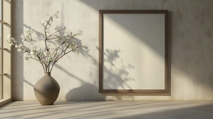 Poster - Minimalist Room Interior with Empty Frame and Flower Arrangement