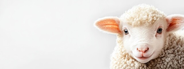  A close-up of a sheep's face against a white wall background