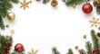 © Chayon Creative - Christmas composition with green, red, and golden Christmas decorations on a white background
