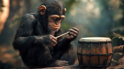 a lively chimpanzee drumming on a log, surrounded by dense jungle foliage.